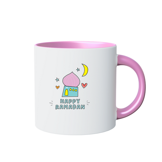 Happy Ramadan Mug – White and pink Ceramic with Cute Mosque Design